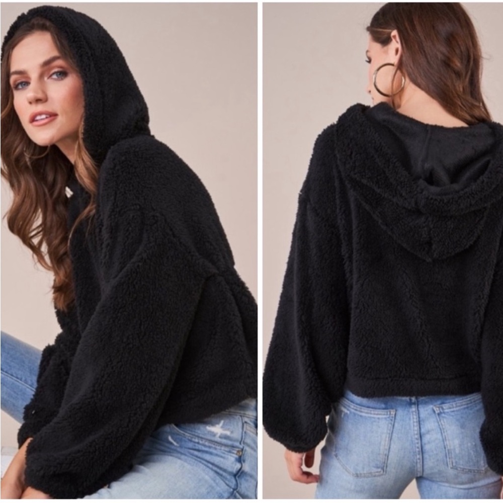 Sugarlips Black Fuzzy Crop Top Hoodie